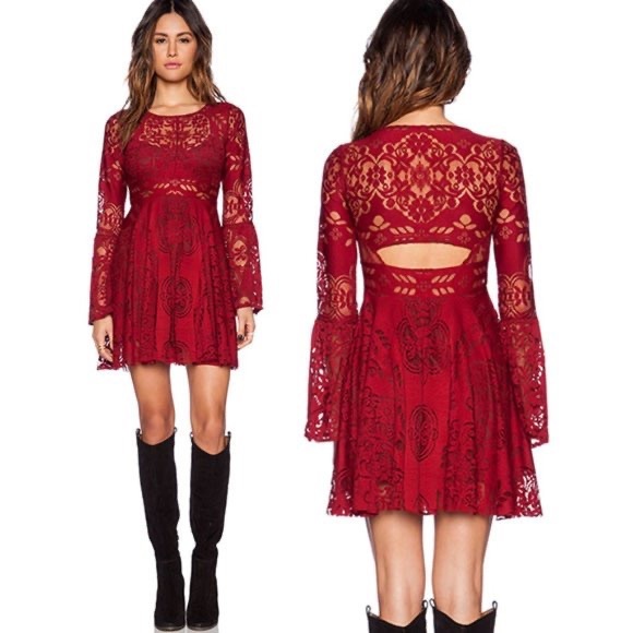 Free People Lovers Folk Song Dress burgundy sheer lace mini size 8 - Picture 16 of 16